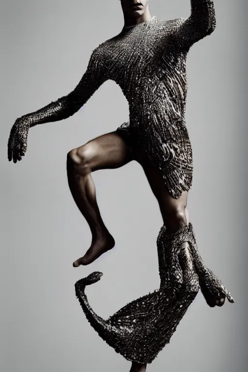 Image similar to a beautiful male dancer wearing iris van herpen couture, photographed by erwin olaf for vogue