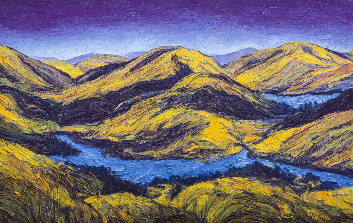 Prompt: Realist colorful impasto painting of the Salmon River mountain valley at midnight by John Harris, stars in the inky black sky reflect on the darkest blue river surface, 4k scan, sagebrush, HDR, Kodak Portra 400, film grain, oil on canvas, visible brushstrokes