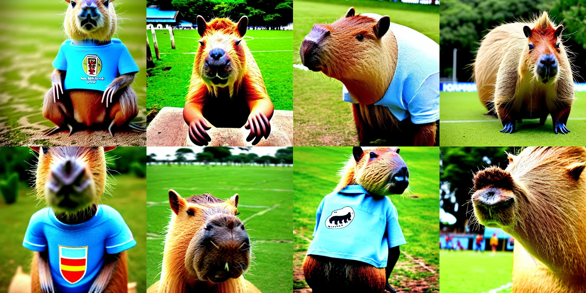 Prompt: Capybara sipping MATE wearing uruguay FC shirt