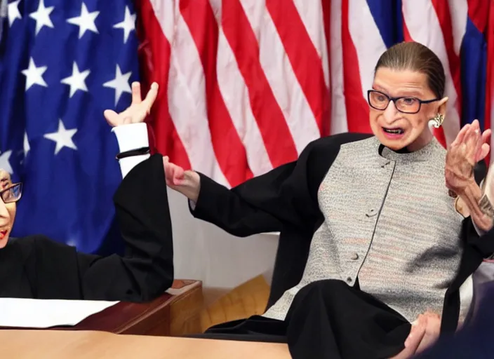 Image similar to ruth bader ginsburg fighting shinzo abe in hell