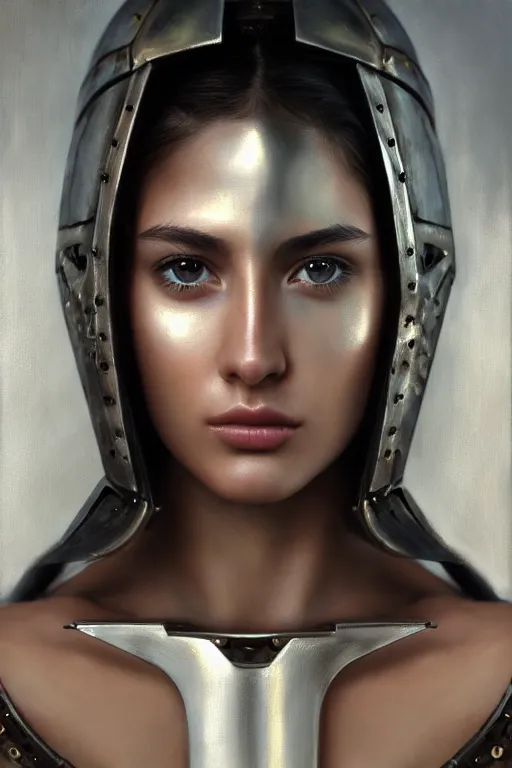 Image similar to a photorealistically painted portrait of an attractive young female, partially clothed in metal-plated battle armor, abstract background, flawless olive skin, fair complexion, long dark hair, beautiful bone structure, perfectly symmetric facial features, perfect photorealistic eyes, natural physique, intricate, elegant, digital painting, concept art, finely detailed, beautifully illustrated, sharp focus, minimal artifacts, from Metal Gear, by Ruan Jia and Mandy Jurgens and Artgerm and William-Adolphe Bouguerea, in the style of Greg Rutkowski, trending on Artstation, award winning art