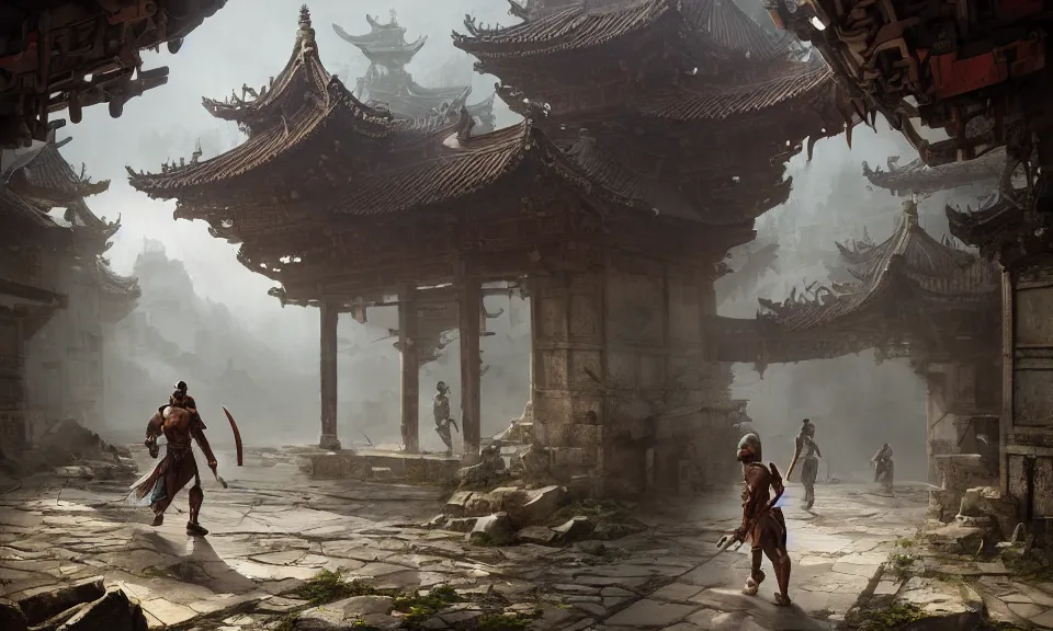 Prompt: Futuristic matte painting of a Spartan warrior walking through an abandoned Chinese village, volumetric light scattering, highly detailed, digital art, Andreas Rocha, Greg Rutkowski, Darek Zabrocki, ArtStation, CGSociety, Unreal Engine, 4K, 8K