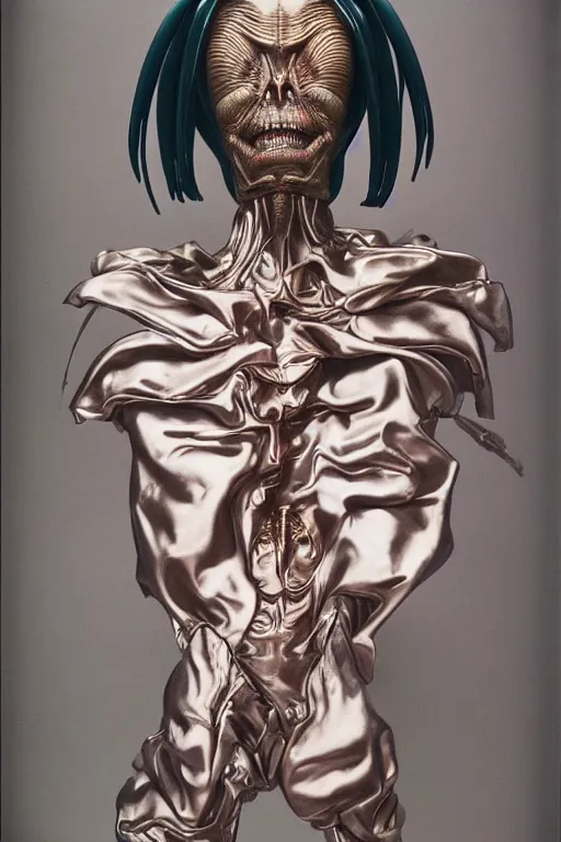 Prompt: instax still frame of Faceless Void from Alien and Prometheus by Guo Jian and Yue Minjun featured in Vogue editorial fashion photography, haute couture dressed by Givenchy and Salvatore Ferragamo painted by Andrea Pozzo, in lush metal and porcelain by