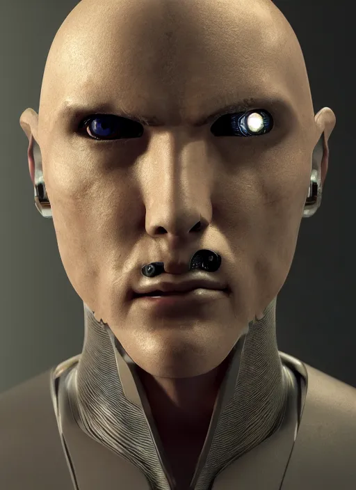 Image similar to bladerunner, cyberpunk, angled facial portrait of a bone ceramic caliente humanoid robot Spanish ninja with an attractive bald head and handsome features, large glowing eyes, macho, piroca, dotado, guapo, reflective surface, by Makoto Shinkai, trending on cgsociety, trending on artstation