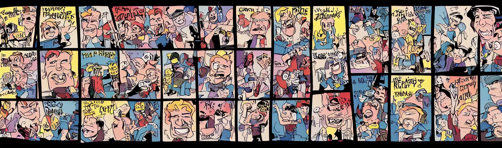 Image similar to film strip of a zany cartoon starring roddy piper