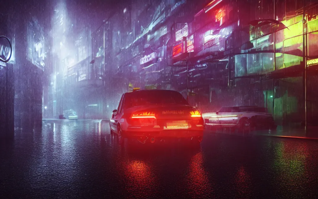 Prompt: Detailed 4k 3d render of a car driving under a relentless rainstorm through a neon-lit futuristic city