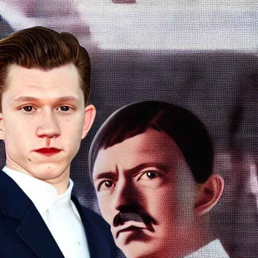 Prompt: tom holland as adolf hitler with short rectangular mustache