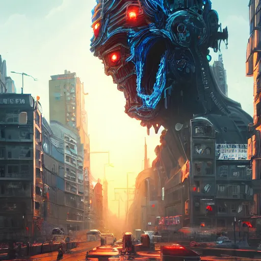 Prompt: detailed intricate digital illustration by greg rutkowski and artgerm and wlop and sanford robinson gifford ; terrifying monster robot looms over city intersection ; 1 3 mm film, arri alfa anamorphic lens ; sharp focus ; golden hour, trending on artstation 8 k