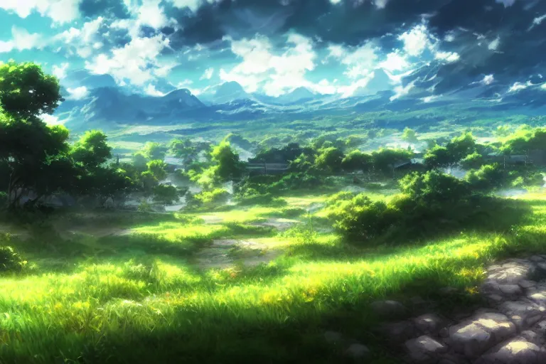 Prompt: anime countryside landscape, beautiful, artstation trending, deviantart, highly detailed, focus, smooth, by hirohiko araki, yoshitaka amano