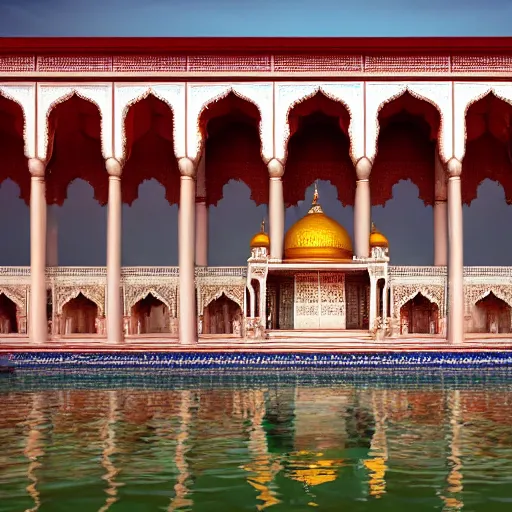 Image similar to a large white indian temple with a long pool of water in front of it, a detailed matte painting by sardar sobha singh, shutterstock contest winner, cloisonnism, creative commons attribution, photo taken with ektachrome, global illumination
