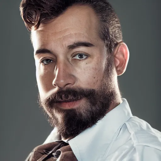 Image similar to portrait photograph of lee everett, short hair, stubbled beard with a goatee, cinematic, volumetric lighting, extremely detailed