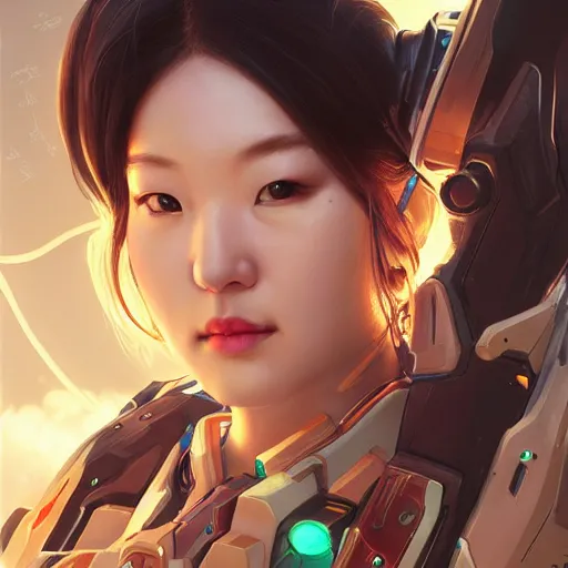 Image similar to science-fiction character portrait of DVa Hana Song Korean woman from Overwatch, intricate, wild, highly detailed, digital painting, artstation, upper body, concept art, smooth, sharp focus, illustration, art by artgerm and greg rutkowski and alphonse mucha