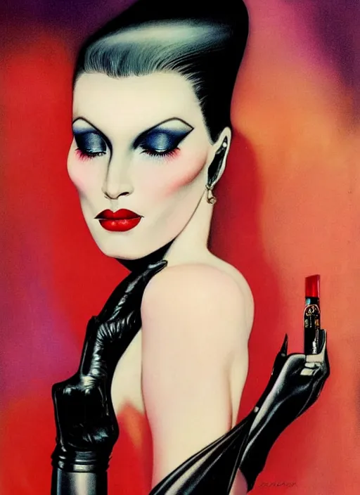 Image similar to an 8 0 s portrait of a woman with dark eye - shadow and red lips with dark slicked back hair dreaming acid - fueled hallucinations by serge lutens, rolf armstrong, delphin enjolras, peter elson