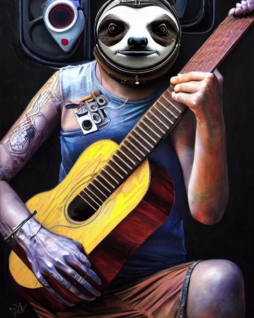 Image similar to a portrait of an anthropomorphic cyberpunk sloth strumming a 1 2 string acoustic guitar by sandra chevrier, by jon foster, detailed render, tape deck, epic composition, cybernetics, 4 k realistic, cryengine, realistic shaded lighting, sharp focus, masterpiece, by enki bilal