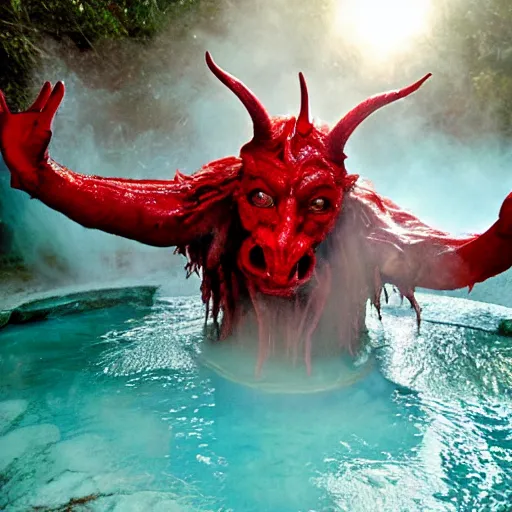 Prompt: a devilish red monster with horns emerging from boiling hot thermal spring waters, photo by david lachapelle