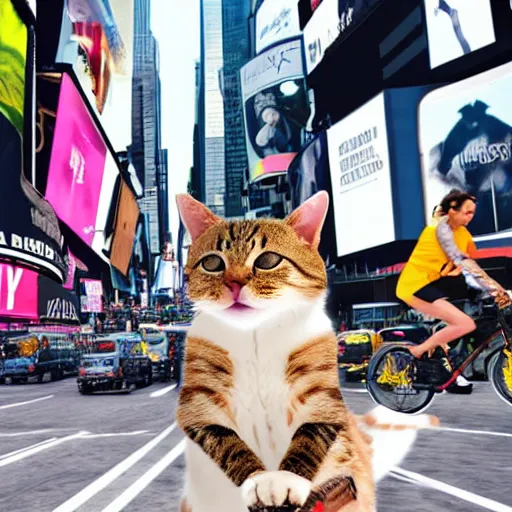 Prompt: a photorealistic, 4 k, photoshoot of a cat riding a bicycle though times square