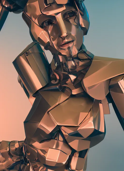 Image similar to woman, cyborg, low-poly, steampunk color scheme, hydro integration, robot, close-up shot