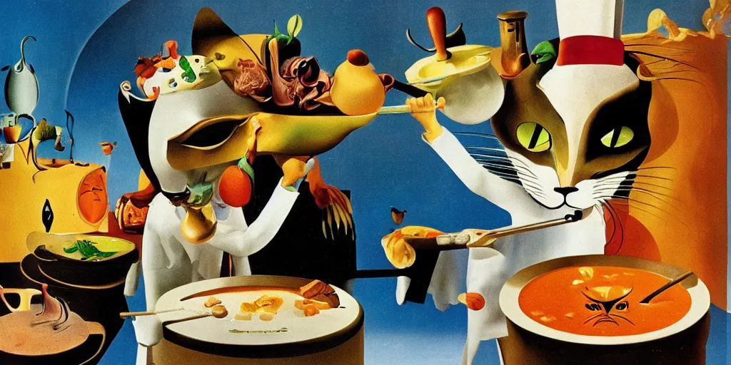 Image similar to anthropomorphic cats chef cooking a delicious colorful soup on TV show, by Salvador Dali