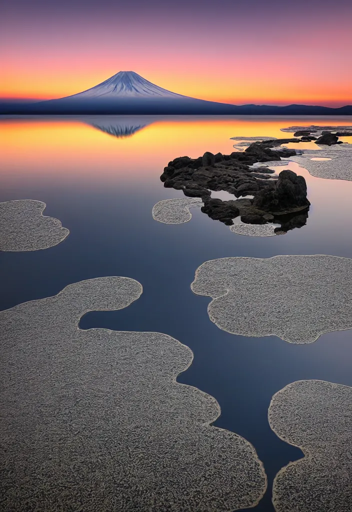 Image similar to clouds curling around mount fuji reflected on the lake surface at sunset, national geographic award - winning landscape photography