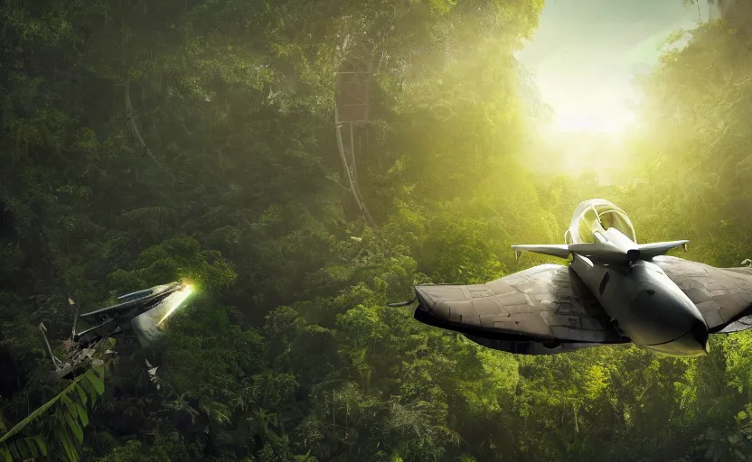 Image similar to photo of sci - fi fighter landing on jungle complex, ultra detailed, movie frame, cinematical composition, 4 k, breaking bad