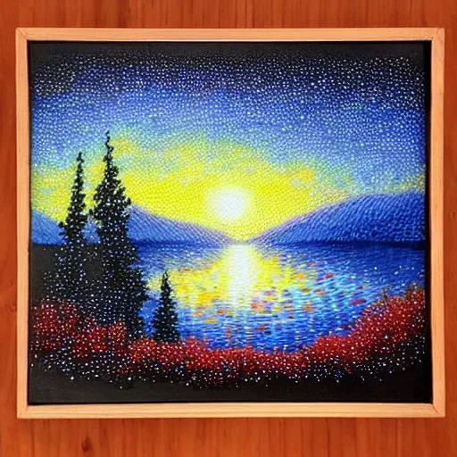 Image similar to a picture of a painting on a wooden table, an airbrush painting by bob ross, pinterest contest winner, kinetic pointillism, made of beads and yarn, acrylic art, detailed painting