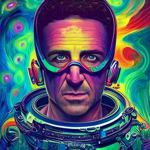 Image similar to Dominic Purcell an extremely psychedelic experience, colorful, surreal, dramatic lighting, cosmonaut, LSD, face, detailed, intricate, elegant, highly detailed, digital painting, artstation, concept art, smooth, sharp focus, illustration, art by Sam Spratt, Dan Mumford, Artem Demura and Alphonse Mucha