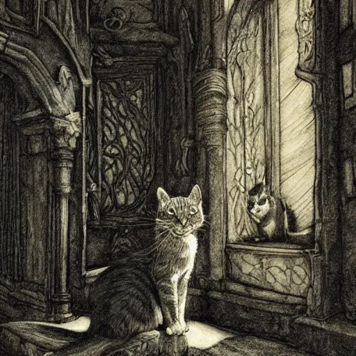 Prompt: cat from the void, illustrations by irish fairy tales james stephens arthur rackham, cat detailed, fairy tale illustrations, colour, top cinematic lighting , cinematic mood, very detailed, shot in canon, cat photo