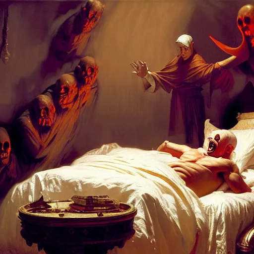 Prompt: the pope is in his bed, nervous and terrified, because a double horned shadow figure ghost from hell is attacking him. highly detailed painting by gaston bussiere, j. c. leyendecker, greg rutkowski, craig mullins 8 k