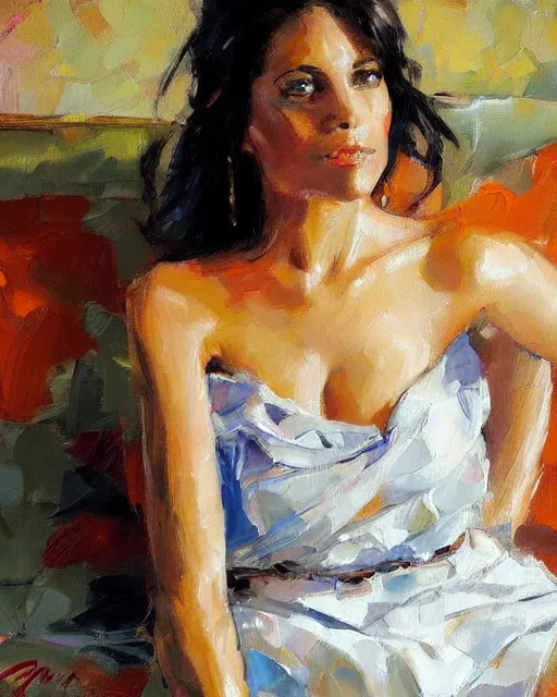 Prompt: a painting of a woman sitting on a couch, a fine art painting by michael garmash, deviantart, figurative art, detailed painting, oil on canvas, fine art