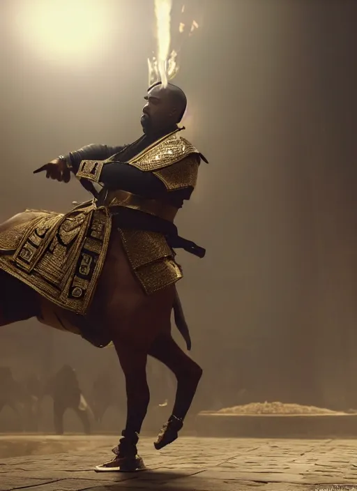 Image similar to kanye west as emperor napoleon in mortal kombat, splash art, movie still, cinematic lighting, dramatic, octane render, long lens, shallow depth of field, bokeh, anamorphic lens flare, 8 k, hyper detailed, 3 5 mm film grain