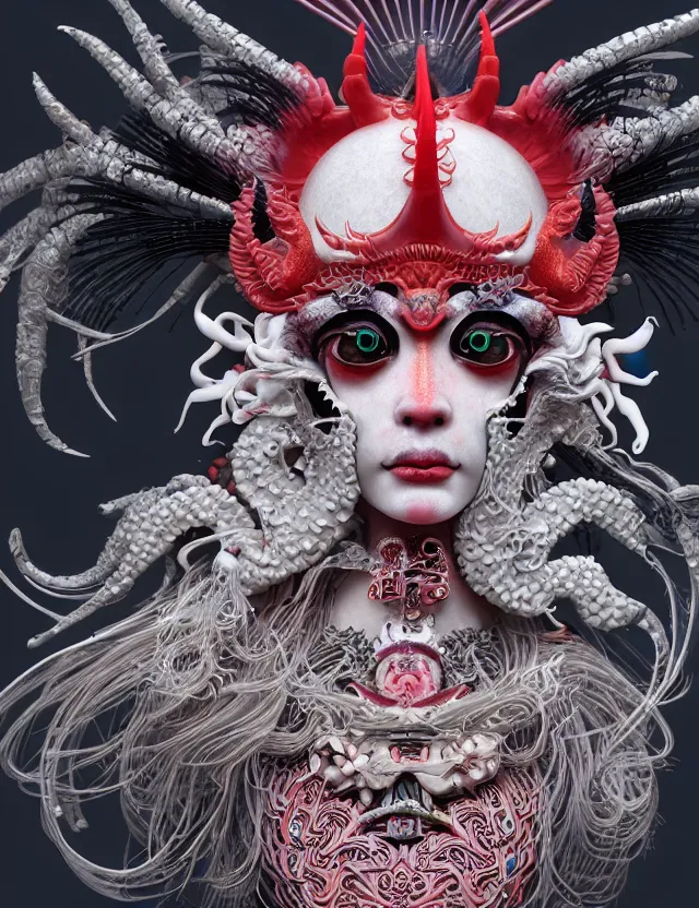 Image similar to 3 d goddess close - up profile satan biohazard portrait with crown, ram skull. beautiful intricately detailed japanese crow kitsune mask and clasical japanese kimono. betta fish, jellyfish phoenix, bio luminescent, plasma, ice, water, wind, creature, artwork by tooth wu and wlop and beeple and greg rutkowski