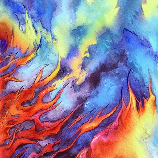 Prompt: fire and water colliding together, watercolor, fantasy art, ultra detailed