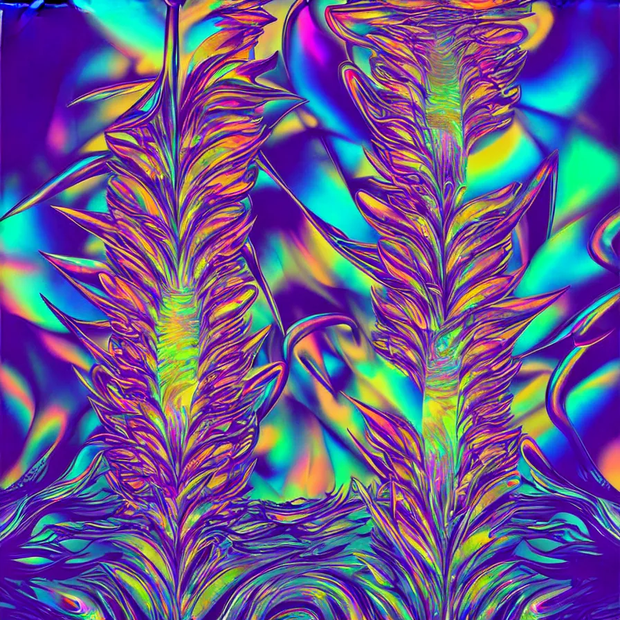 Prompt: album cover design tropical iridescent dmt trip, by Jonathan Zawada, Pi-Slices and Android Jones, digital art