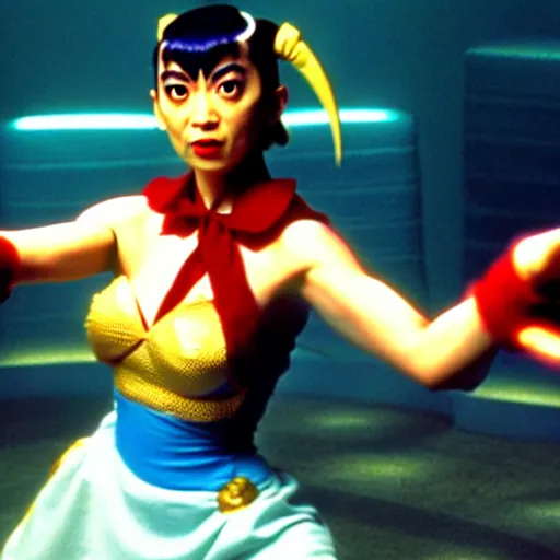 Image similar to mr. bean as chun li from the streetfighter movie. movie still. cinematic lighting.