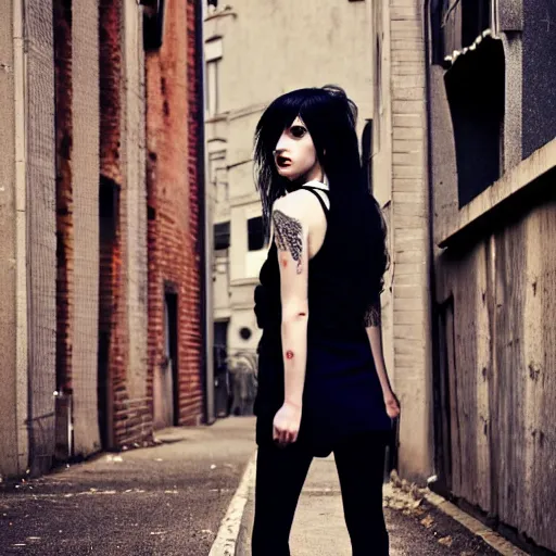 Prompt: a pale emo girl, messy black and red hair, waist length, british street background, flickr, 2 0 0 6