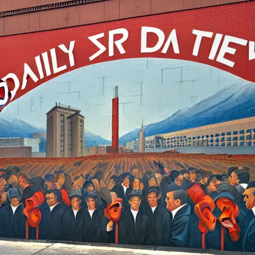 Prompt: the word daily in a socialist realist mural