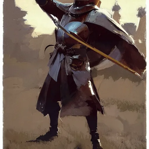 Image similar to man wearing gambeson and bascinet helmet, swinging sword, fighting, detailed by greg manchess, craig mullins, bernie fuchs, walter everett