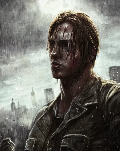 Image similar to battle hardened, charismatic, rugged leon kennedy, face centered portrait, confident, ruined cityscape, zombies, fog, rain, volumetric lighting, soft light particles floating near her, illustration, perfectly shaded, soft painting, art by leesha hannigan, ross tran, thierry doizon, kai carpenter, ignacio fernandez rios