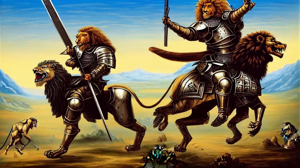 Image similar to fully armored knight wielding an automatic weapon fighting a lion in a medieval setting, painted by bob ross