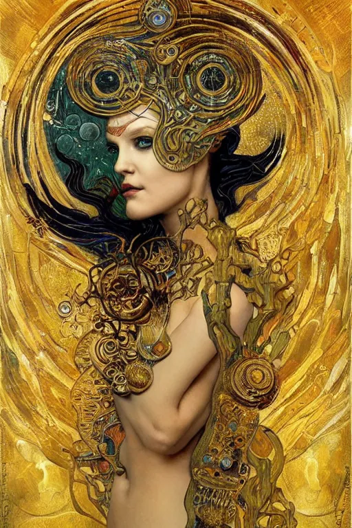 Image similar to Intermittent Chance of Chaos Muse by Karol Bak, Jean Deville, Gustav Klimt, and Vincent Van Gogh, Surreality, enigma, Loki's Pet Project, destiny, Poe's Angel, fate, inspiration, muse, otherworldly, fractal structures, arcane, ornate gilded medieval icon, third eye, spirals