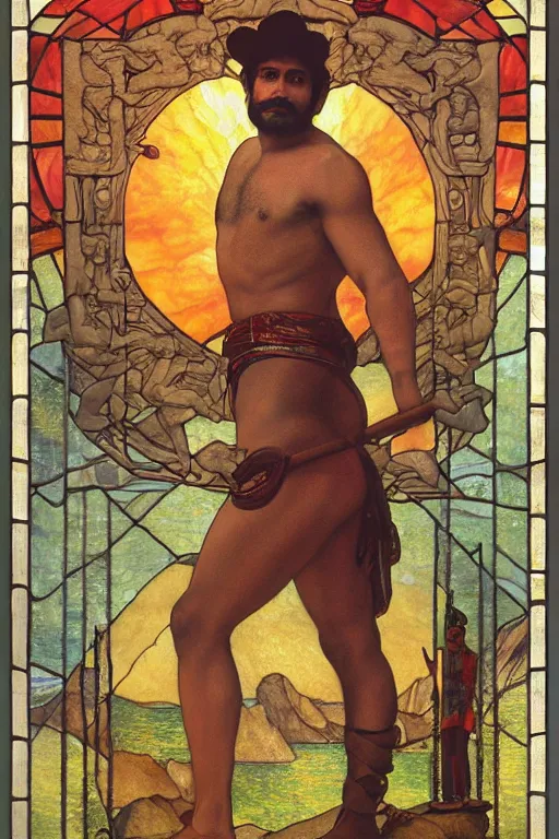 Prompt: a homoerotic symmetrical tarot card of a muscular shirtless south indian mountaineer on a mountain peak wearing a revealing scottish tartin kilt. he has a wooden staff, cowboy hat, and boots. background is a stained glass golden sunrise. art deco, art nouveau. by raja ravi varma, by louis comfort tiffany, by albert bierstadt. trending on artstation.