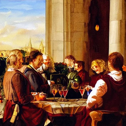 Image similar to people drinking red wine named roi soleil in versailles castle, realistic painting