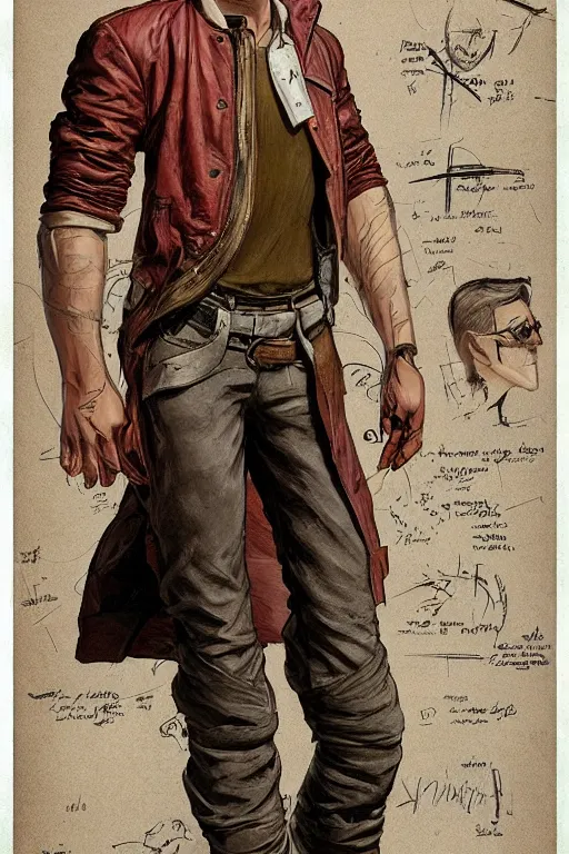 Prompt: character design, reference sheet, uncropped, 40's adventurer, unshaven, optimistic, stained dirty clothing, straw hat, riding boots, red t-shirt, dusty brown bomber leather jacket, detailed, concept art, photorealistic, hyperdetailed, , art by Leyendecker and frazetta,