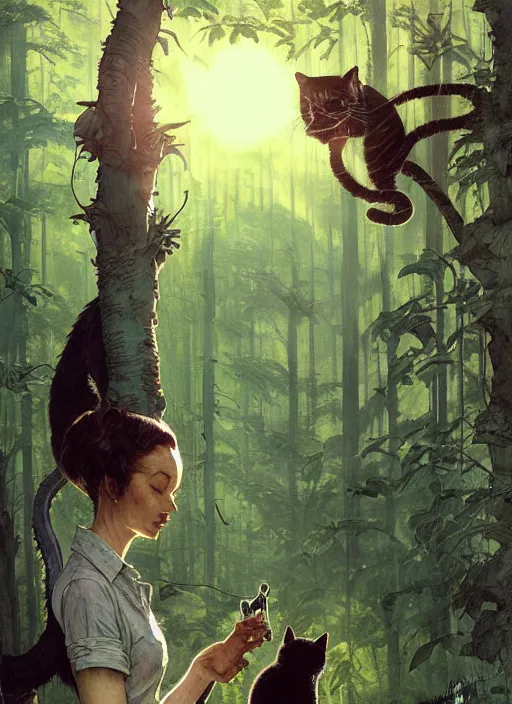 Image similar to a hyper realistic ink cat alien technology and sunbeams blue sky, lush forest foliage painting by chiara bautista and norman rockwell and greg rutkowski weta studio, and lucasfilm