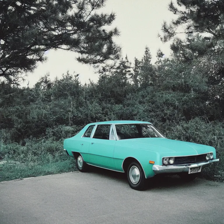 Image similar to 1 9 7 0 s car parked by the pine tree, film photo, soft lighting album cover, nostalgia, turquoise gradient