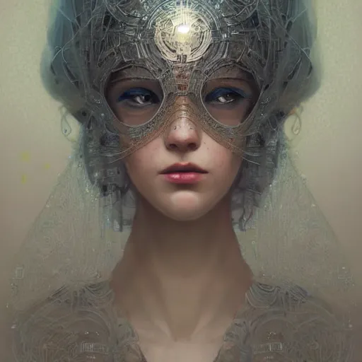 Image similar to portrait of a humanoid robot wearing a veil, mystic, mystical, intricate, headshot, highly detailed, digital painting, artstation, concept art, sharp focus, cinematic lighting, digital painting, art by artgerm and greg rutkowski, alphonse mucha, cgsociety