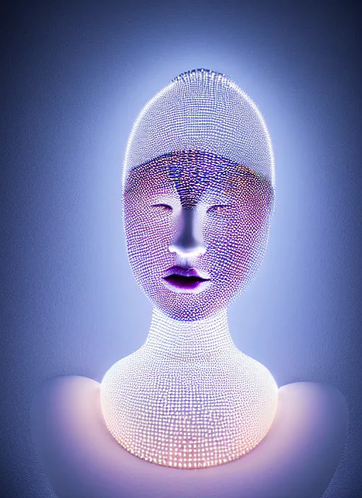 Image similar to queen chess piece photo, beautiful veil of led point lights, pearlescent skin, skin made of led point lights, very detailed, highly detailed background, reflective chessboard, photorealism, sharp focus, photorealism,sculpture , soft diffuse autumn lights, some sunlight ray, dark room wall, canon 5D 50 mm lens