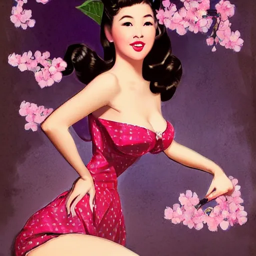 Prompt: pin - up fullbody portrait of a beautiful young asian woman, pretty long hair, intense flirting, showing curves, symmetrical face, digital art, smooth, extremely detailed, model pose, intense look, dream, cherry blossoms, gorgeous young model, traditional beauty, pretty, by wu bayard, by gil elvgren, by ralph horsley, by hanks steve