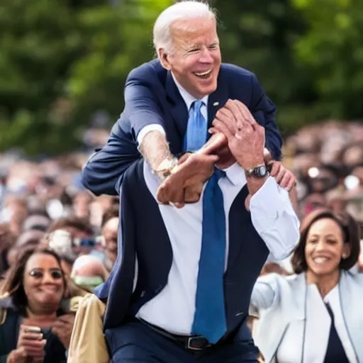 Image similar to biden getting a piggyback ride from kamala harris