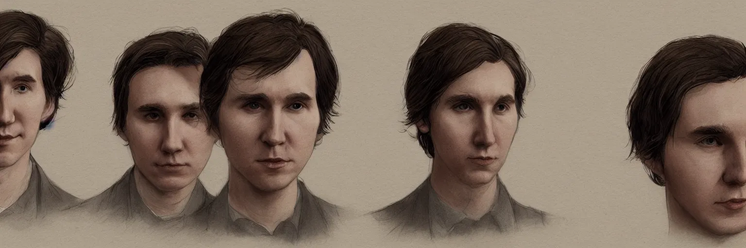 Image similar to character study of paul dano and julian lage, 2 0 2 2, clear faces, emotional, character sheet, fine details, concept design, contrast, kim jung gi, pixar and da vinci, trending on artstation, 8 k, full body and head, turnaround, front view, back view, ultra wide angle